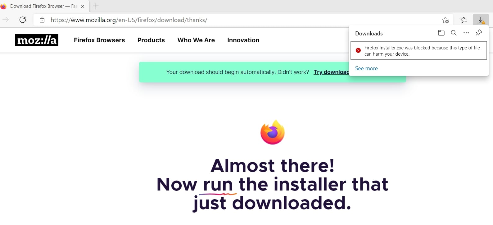 Error al descargar Firefox con Microsoft Edge